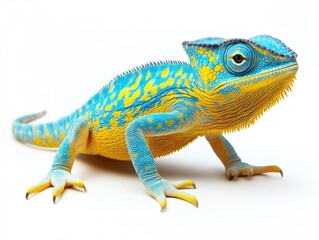 Obraz premium A striking blue and yellow lizard stands poised on its legs, showcasing its vivid coloration and intricate patterns. The bright colors contrast sharply against the plain background.