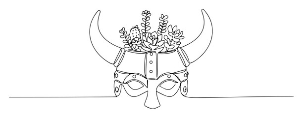 viking helmet with succulents line drawing