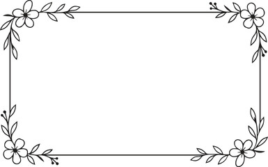 Obraz premium Black and white floral frame with elegant leaves and ornate swirl design,Elegant horizontal floral frame with delicate botanical elements and clean design