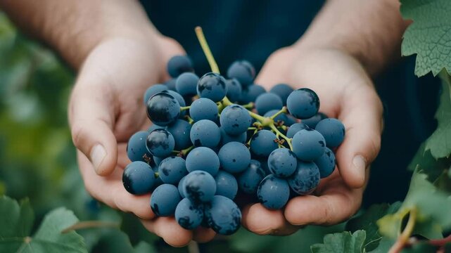 A person is holding a bunch of grapes in their hands. The grapes are blue and are surrounded by green leaves. Concept of freshness and abundance, as the person is holding a large quantity of grapes