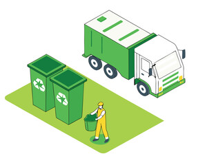 Isometric illustration of recycling process depicting garbage truck and bins