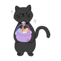 Cute black cat with a skull collar holding a bucket full of Halloween candy, isolated on white. Ready for trick-or-treating