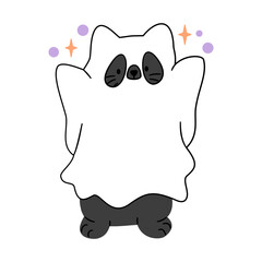 Cute cat dressed as a ghost with sparkling accents, isolated on white. Perfect for adorable Halloween designs