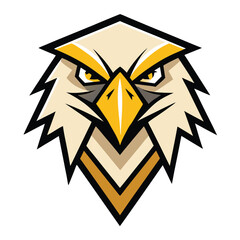 Cartoonish eagle head shows striking yellow eyes and formidable beak with black outline