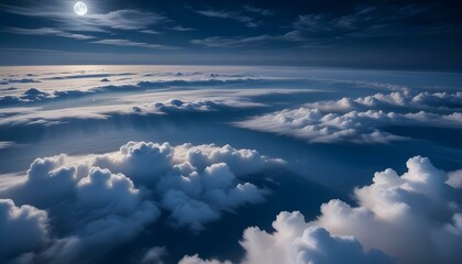 The radiant full moon illuminates a sea of clouds in the dark night sky.
