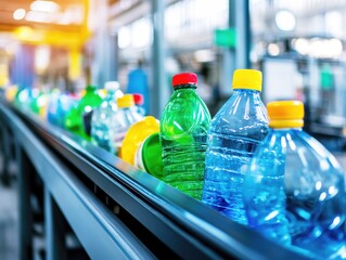 Colorful plastic bottles are moving along a conveyor belt in a recycling facility, showcasing the importance of waste management and recycling practices in an industrial setting.