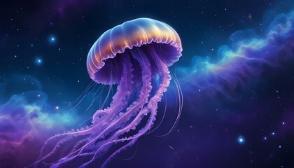 A mesmerizing jellyfish gracefully glides through a galaxy of vibrant colors and starlight.