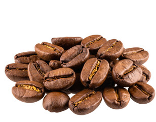 Fototapeta premium “Close-Up of Fresh Roasted Coffee Beans with Glowing Golden Highlights, isolated on a transparent background”