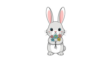 Obraz premium Cute little gray bunny holding a bouquet of colorful flowers celebrating spring holidays