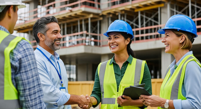 Happy diverse construction team shaking hands on a busy building site, symbolizing collaboration and successful project development - Powered by Adobe