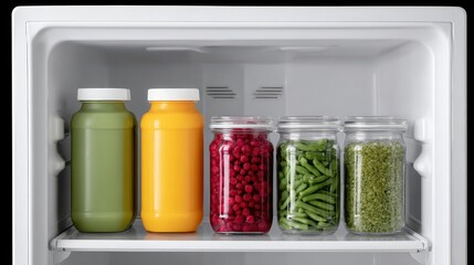 Organized refrigerator interior with colorful beverages and fresh ingredients for a healthy lifestyle. National Food Safety Education Month