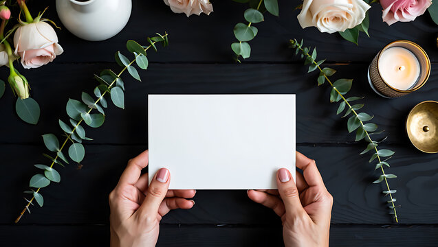 wedding card mockup, invitation card mockup, birthday card mockup, thank you card mockup, white blank paper card mockup held by a woman with Feminine Setting with Elegant Floral Decor, black table - Powered by Adobe