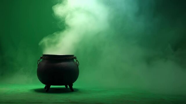 Studio shot of a steaming cauldron with green smoke, placed on a wooden table against a vibrant green backdrop, creating a mysterious and magical atmosphere