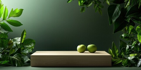 Textured wooden podium surrounded by cascading greenery, styled for nature-inspired product displays
