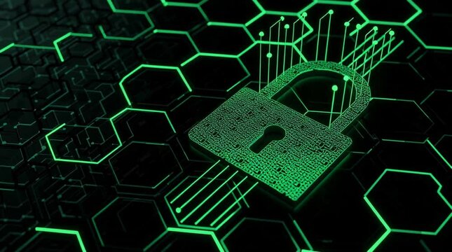 Green Cybersecurity Padlock on Digital Grid
