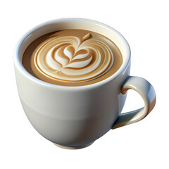 3d latte art coffee cup with heart design isolated on transparent background