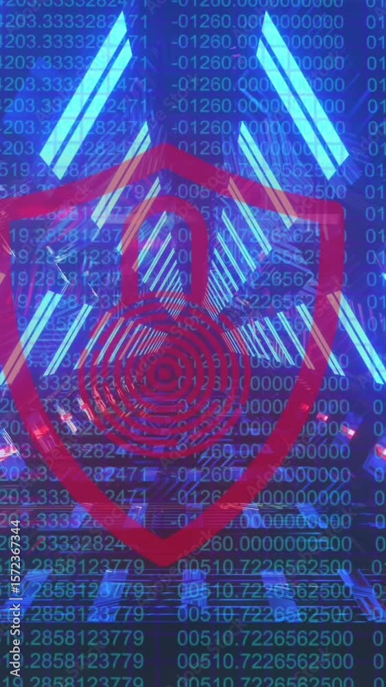 Aufkleber security padlock over shield icon against glowing tunnel and binary coding data processing