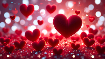Bright Red Hearts on Sparkling Background Representing Love, Affection, and Romantic Atmosphere