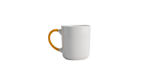 A white mug with a yellow handle isolated against a stark black background scene view on transparent background