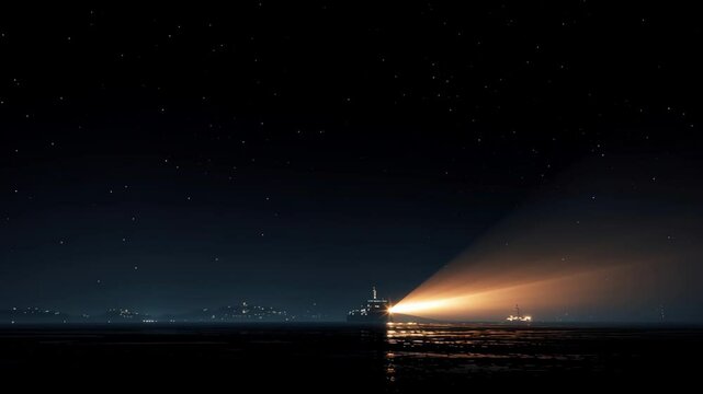 Large cargo vessel navigating dark waters under a starry sky, casting a powerful searchlight that illuminates the scene, creating a dramatic atmosphere of maritime transport