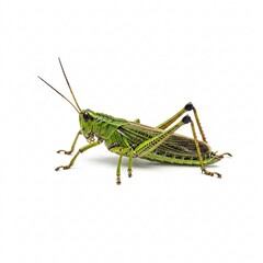 A bright green grasshopper sits on a white background, showcasing its detailed body and limbs