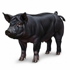 Healthy Adult Black Pig with Curly Tail Isolated on White Background.