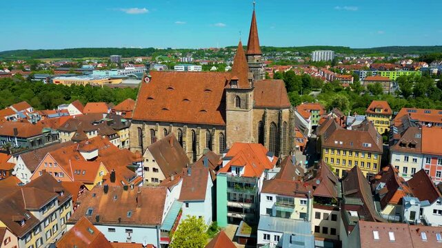 4K Aerial Drone Video of the Historic St. Johannis Church in the Old Town area of Downtown Ansbach, Germany
