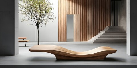 Textured wooden podium with smooth curves and natural finishes, styled for eco-friendly designs