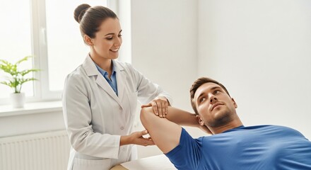Obraz premium Shoulder Pain Recovery Process Shown in Clinical Setting as Therapist Stretches Affected Shoulder Area