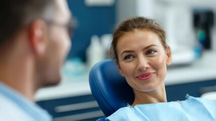Content and confident young woman in a dental clinics chair her smile conveying a sense of reassurance as she interacts with her dentist underscoring the role of compassionate care - Powered by Adobe