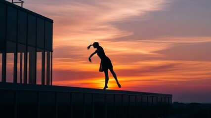 Ballerina Silhouette at Sunset - A graceful ballerina performs a graceful arabesque pose on a rooftop at sunset. - Powered by Adobe