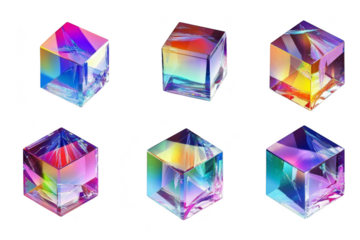 Six iridescent crystalline cubes with fractured surfaces displaying prismatic light effects isolated on transparent background