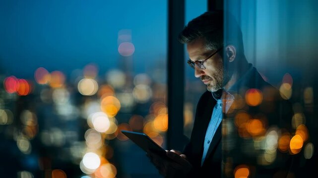 In a highrise office setting a financial analyst intently studies data trends on a tablet with sparkling urban lights reflecting the energy of the city great for corporate finance visuals. - Powered by Adobe