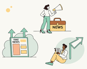 Modern illustration depicting fake news dissemination and media misinformation concepts