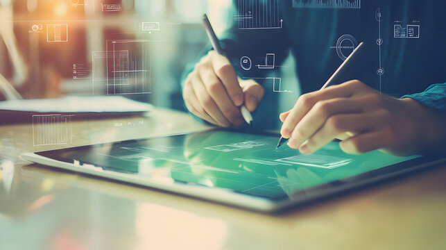 Person using digital tablet for architectural drafting and futuristic design concepts - Powered by Adobe