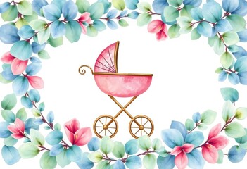 Watercolor eucalyptus leaves frame surrounding a baby carriage; charming hand-drawn illustration,  design,  cute