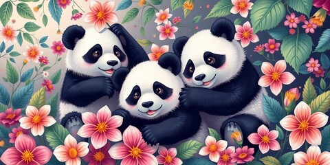 Whimsical pandas frolic among vibrant flowers and leaves, intricate vector art,  details,  whimsical