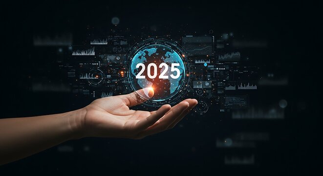 Futuristic digital interface with holographic globe and 2025 technology concept in hand