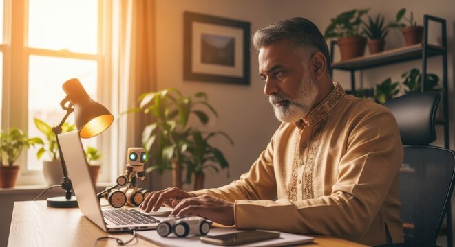 Focused indian male engineer working from his home office using a laptop and designing robotics while sitting at his desk with a small robot and blueprints