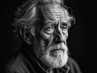 Portrait of a weathered elderly man with a long beard in black and white