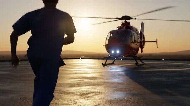 Paramedic Running Towards Emergency Helicopter at Sunset - A silhouette of a paramedic in scrubs rushes towards a red medical helicopter on a rooftop helipad as the sun sets.