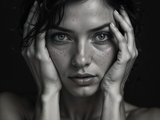 Intense Gaze Portrait of a Woman with Hands on Face