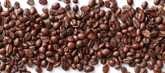 Obraz premium Roasted coffee beans scattered on a white surface (1)