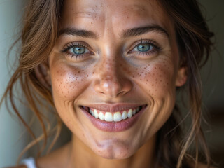 Smiling Woman with Freckles and Blue Eyes
