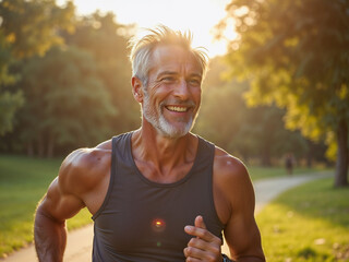 Smiling man jogging in the park at sunset