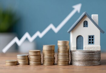 a graph going up with coins and a house model on a blue background, representing the real estate market with an arrow pointing upwards
