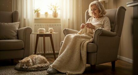 Senior woman knitting at home in a cozy living room with natural light and warm blanket, cat sleeping nearby.