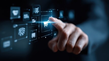 A visually striking ecommerce interface featuring biometric authentication personalized shopping journeys and global shipping options symbolizing the next generation of online purchasing