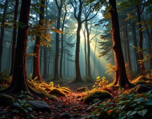 forest breathing in co2, molecular visualization of gas exchange, trees glowing as they photosynthesize, environmental fantasy theme with scientific undertone