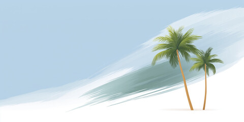 Tropical landscape featuring two palm trees against a soft blue background with gentle brush strokes, evoking a serene and relaxing atmosphere for summer vibes and vacation dreams